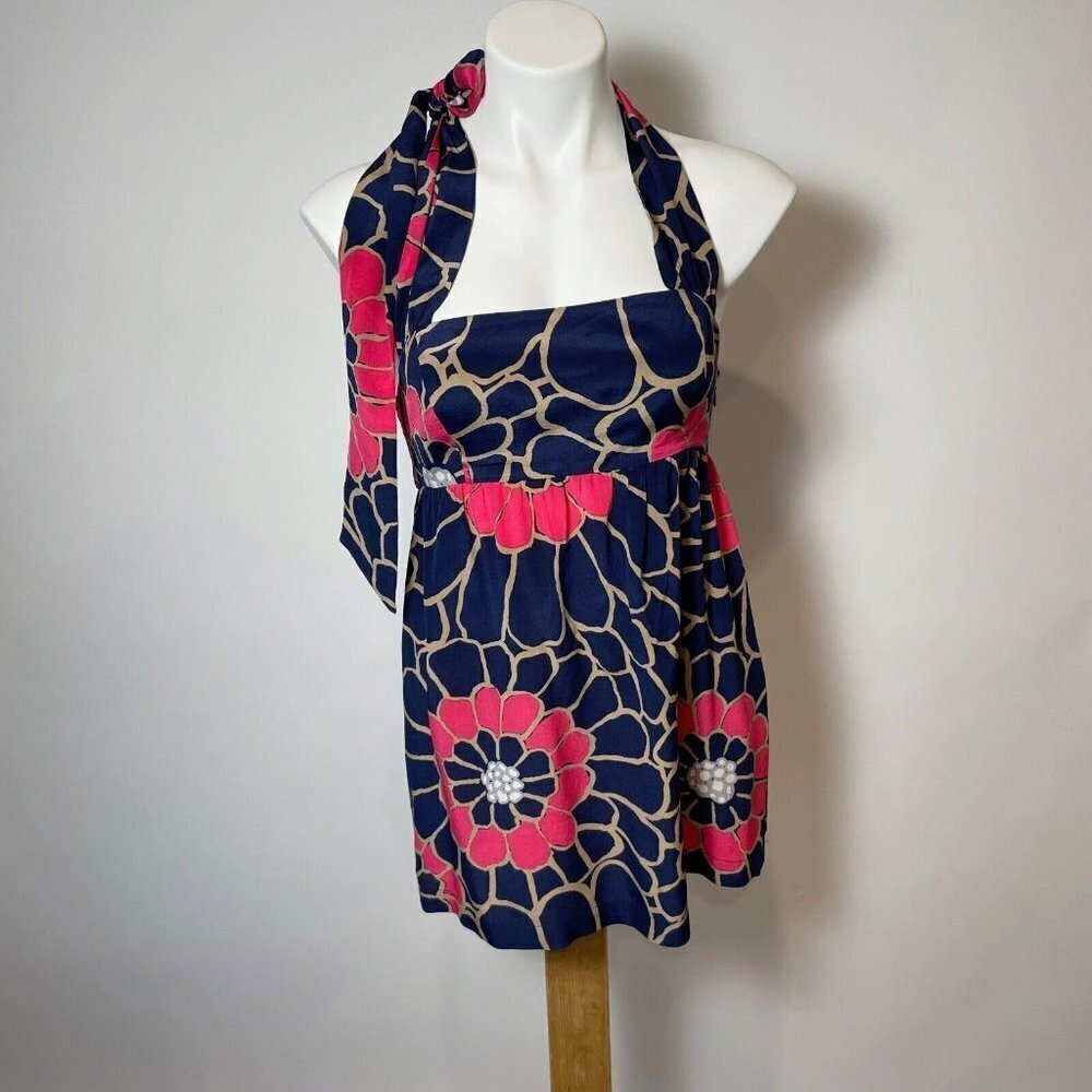 Tabitha Womens Sleeveless Floral‎ Halter Neck Top Navy Blue 2 Lined Backless Zip